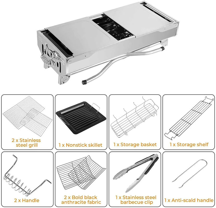 Tragbarer Holzkohlegrill aus Edelstahl in Silber mit antihaftbeschichteter Pfanne und verstellbarer Belüftung, B/T/H: 30,0 x 75,0 x 122,0 cm - Bild 3