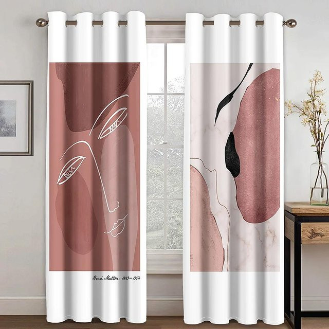2er-Set Semi-transparente Vorhänge mit abstraktem Sonnen- und geometrischem Design in Weiß, Breite: 100 cm, Höhe: 130 cm - Bild 1