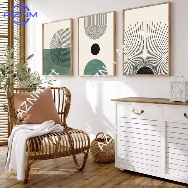Potdemiel Boho Leinwandgemälde in Grün mit geometrischem Farbblock-Design als abstrakte Wanddekoration - Bild 1