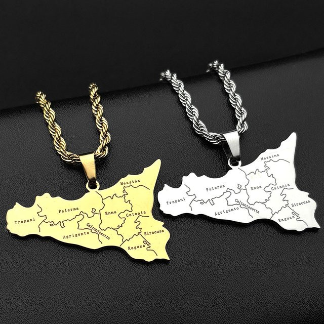 AFAWA Anhänger Halskette, Sizilien Inselkarte, Edelstahl, Gold, Unisex - Bild 1