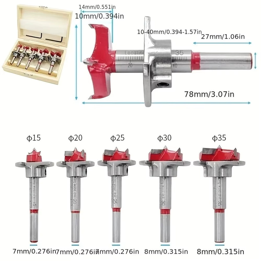 JENTORIX 5-teiliges Forstner-Bohrer-Set mit Holzbox, positionierbare Hartmetall-Flachflügelbohrer von 15 mm bis 35 mm - Bild 2
