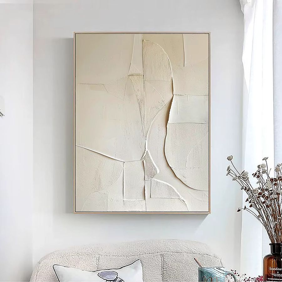 Minimalistisches abstraktes Leinwand-Ölgemälde in Cremeweiß und Beige im Wabi Sabi Stil mit 2D-Textur von Potdemiel - Bild 4