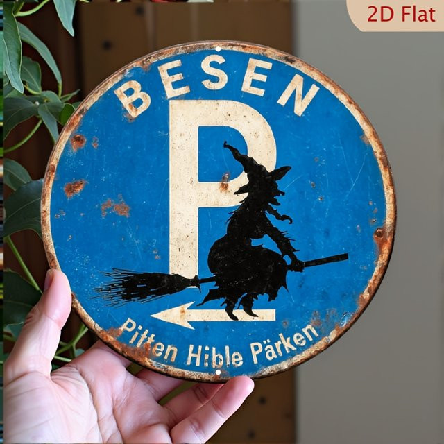 Vintage Metallschild CIFBUY Bitte hier parken mit Hexenmotiv, runde Halloween-Wanddekoration in Blau, Durchmesser: 20,32 cm - Bild 1