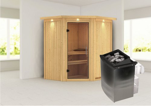 Karibu Sauna Narva in Beige mit 9 kW Saunaofen und integrierter Steuerung für 3 Personen, B/T/H: 202 x 165 x 184 cm - Bild 1