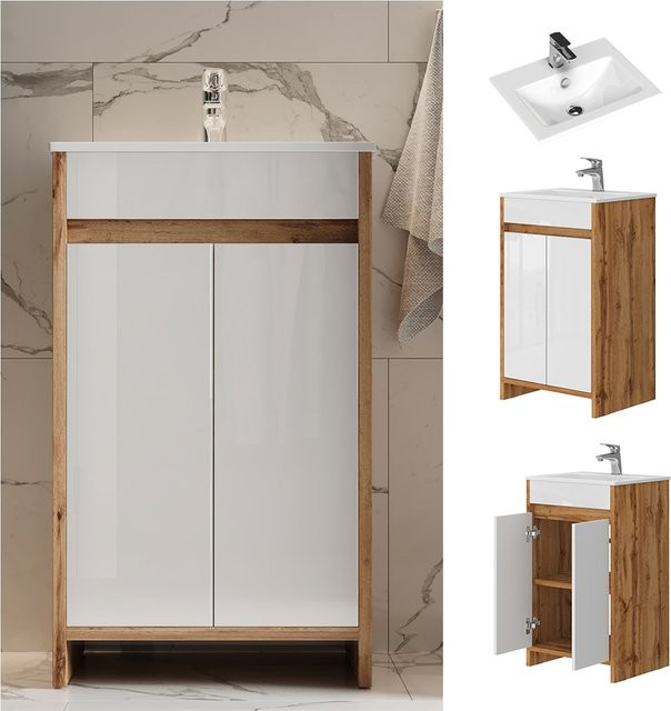 Vicco Badmöbel-Set Lemgo 2-teilig in Eiche Weiß Hochglanz mit Waschbecken und Waschtischunterschrank mit Flügeltüren - Bild 1