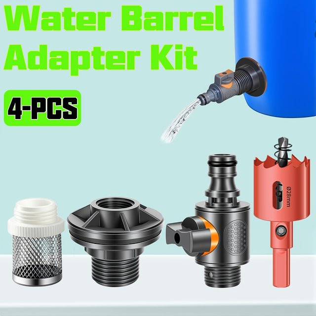 4-teiliges PVC IBC-Wassertank-Adapter-Set mit Ventil, Filtersieb und Lochstanzer in Schwarz, 1/2 Zoll DN15 für Regenwassersammelbehälter - Bild 1
