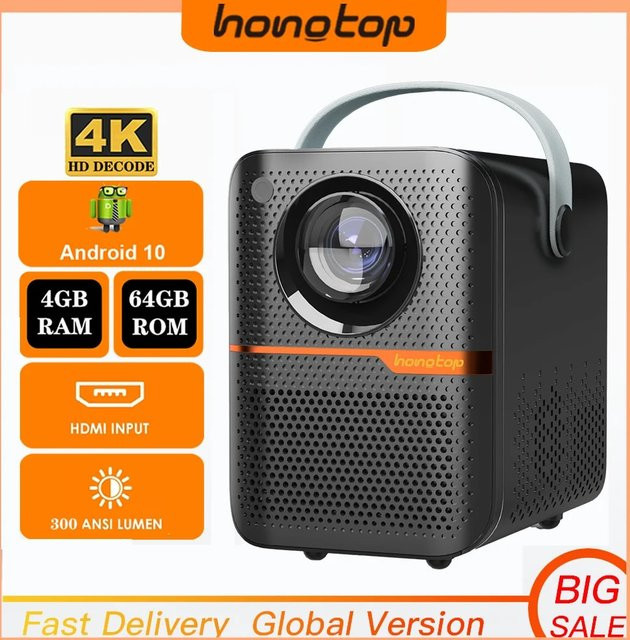 Hongtop Android Smart Mini Projektor Schwarz mit 300 ANSI Lumen, 4K Unterstützung, Full HD 1080p, WiFi und Bluetooth für dein Heimkino - Bild 1