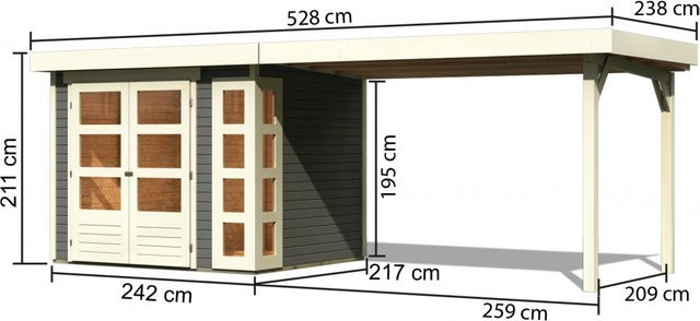 Gartenhaus KERKO 3 in Terragrau mit Anbaudach, Wandstärke 19 mm, B: 242 cm, H: 217 cm - Bild 1