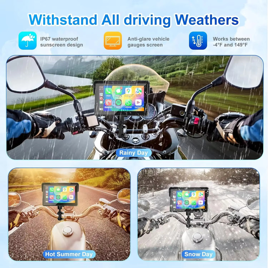 Jansite Motorrad Navigation GPS mit 7 Zoll Display, Wireless CarPlay und Android Auto Unterstützung, 2K Kamera und TPMS, Schwarz - Bild 5