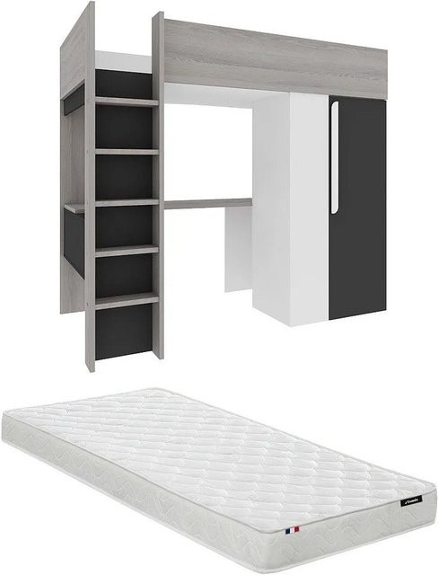 Vente-unique Hochbett Nicolas in Anthrazitgrau und Weiß, B/T/H: 90 x 200 x 205,2 cm - Bild 1