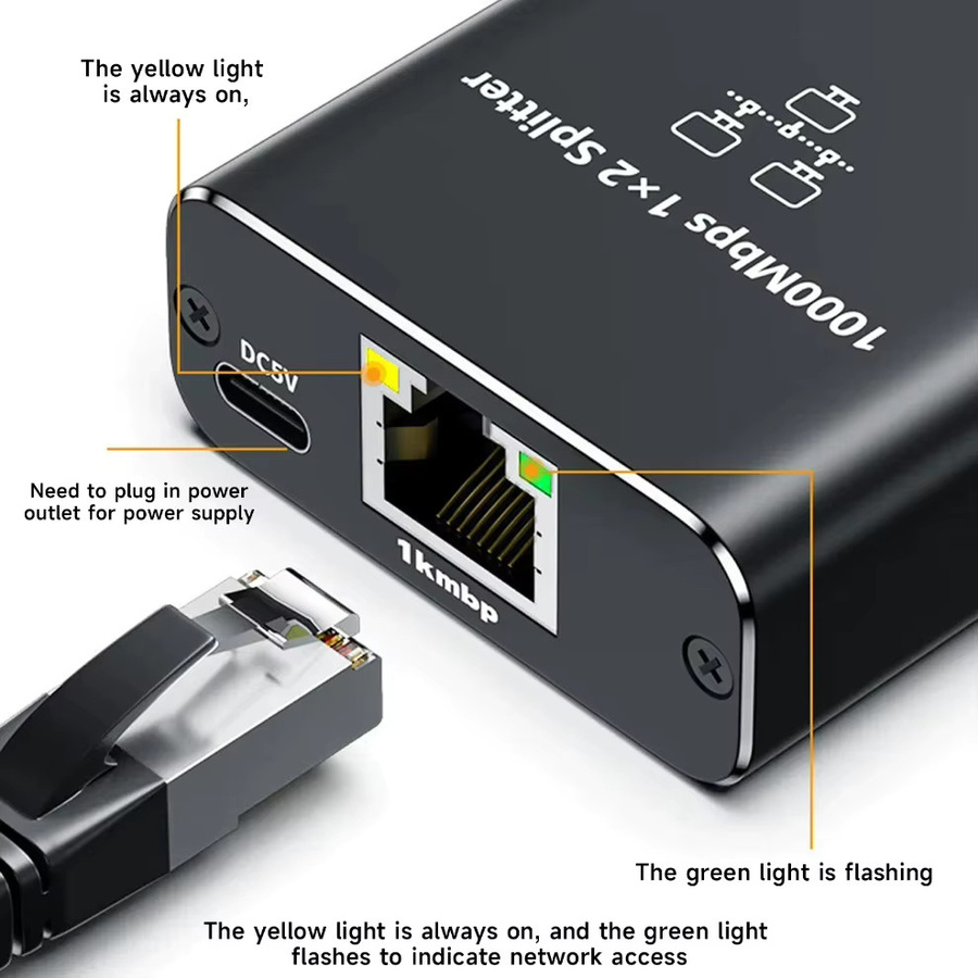 PzzPss Gigabit-Ethernet-Switch RJ45-Splitter LAN-Erweiterungsadapter 1000 Mbit/s Schwarz - Bild 2