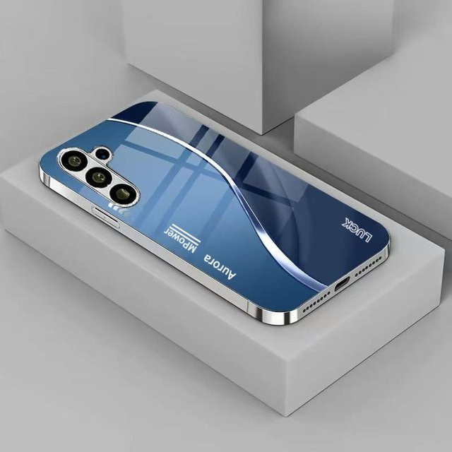 Versilberte Glas-Handyhülle mit minimalistischem Business-Muster für Samsung Galaxy S26 S25 S24 S22 S21 S20 FE Ultra Plus 5G in Silber und Blau - Bild 1