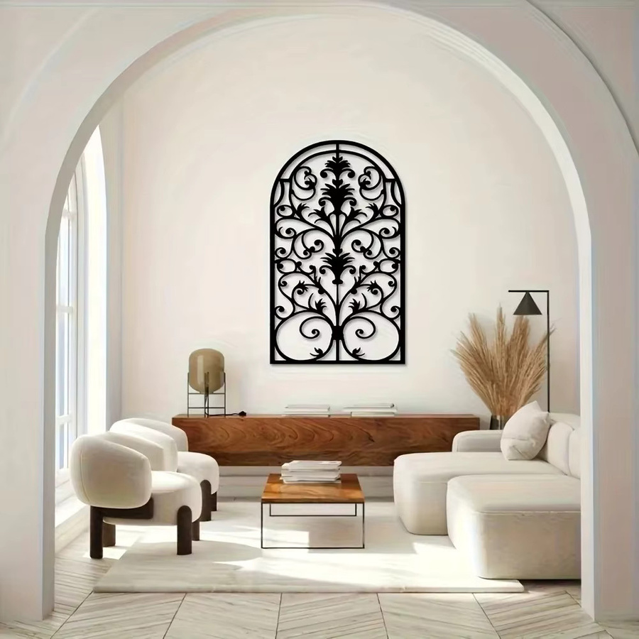 CIFBUY Gotische Bogen-Metallwandkunst in Schwarz mit floralem Design als barocke Eisenfenster-Dekoration - Bild 3