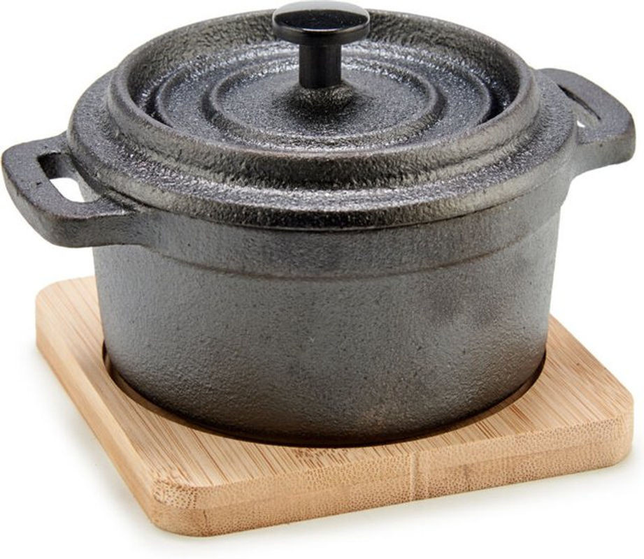BIGBUY Pflanztopf aus Eisen mit Bambusunterlage in Schwarz, B/T/H: 13 x 10 x 8,5 cm - Bild 1