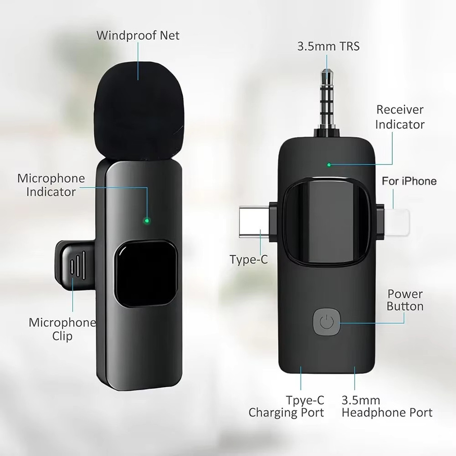 Basix Professionelles 4-in-1 Wireless Lavalier Mikrofon für iPhone und Android, Schwarz, mit 3,5 mm Klinkenanschluss und Geräuschunterdrückung für Live-Aufnahmen - Bild 6