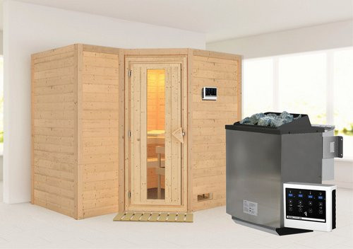 Karibu Riga 2 Bio-Kombi-Sauna aus Fichtenholz für 4 Personen inklusive 9 kW Saunaofen mit externer Steuerung, beige - Bild 1