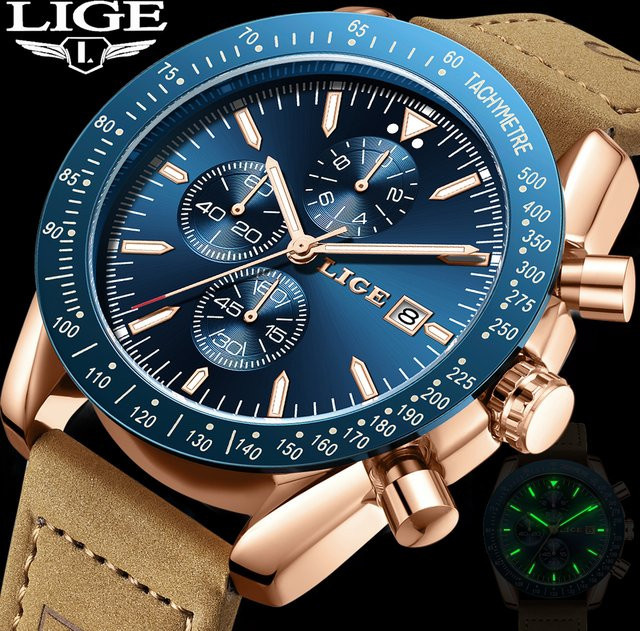 LIGE Chronograph, Quarz, Leder, Blau, Herren - Bild 1