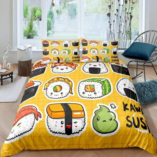 Japanisches Sushi Bettwäsche Set aus Mikrofaser mit Cartoon Essen Motiv in Gelb, King Size Bettbezug und 2 Kissenbezügen, B/H: 133 x 200 cm (Hinweis: Maß 133 cm aus Text übernommen) - Bild 1