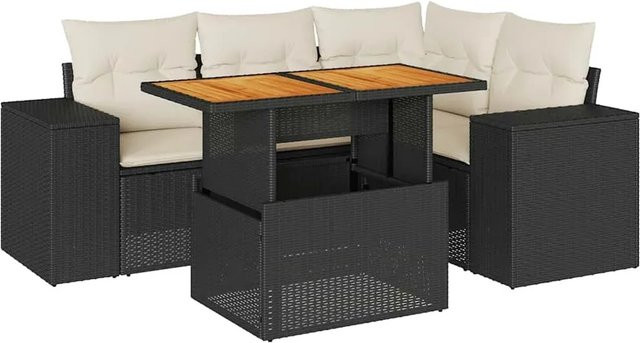 vidaXL 5-teilige Garten-Sofagarnitur aus Poly-Rattan und Akazienholz in Schwarz-Creme mit Kissen - Bild 1