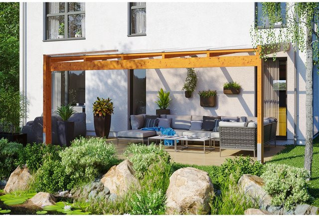 Skan Holz Terrassenüberdachung Novara aus Eiche hell mit Polycarbonat-Dach, Breite: 557 cm, Tiefe: 359 cm - Bild 1