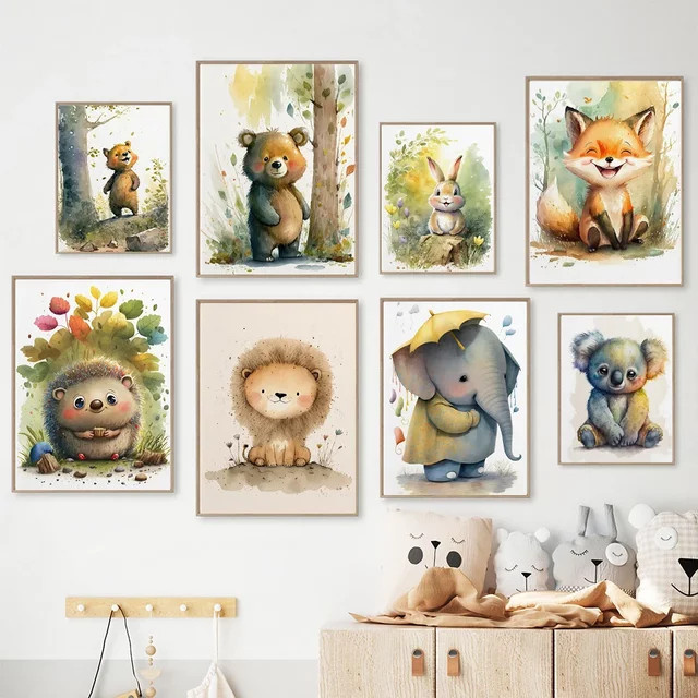 Minimalistisches Leinwand-Poster von Potdemiel mit bunten Baby-Tieren als Wandkunst für dein Wohnzimmer - Bild 1