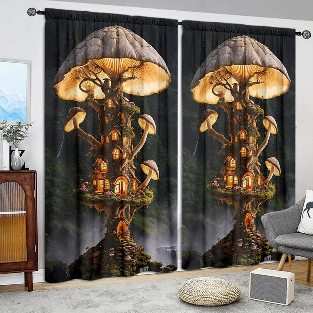 2er-Set Vorhang mit Pilzhausmuster in Braun und Multicolour, halbtransparentes Fensterdekor aus Polyester für Schlafzimmer, Büro oder Küche, Breite: 52,5 cm, Höhe: 116 cm - Bild 1