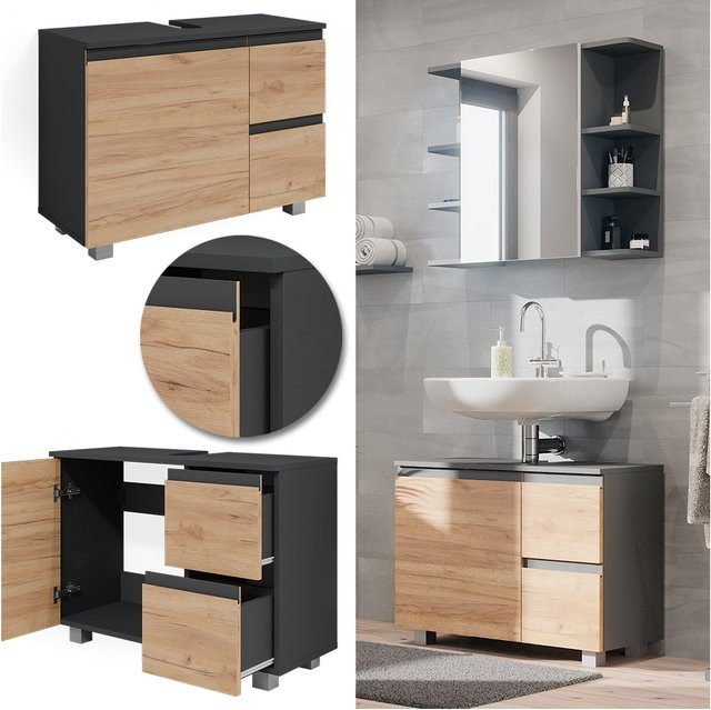 Vicco Waschtischunterschrank J-Shape in Anthrazit und Eiche, moderner Waschbeckenunterschrank für dein Badezimmer, B/T: 80 x 61 cm - Bild 1