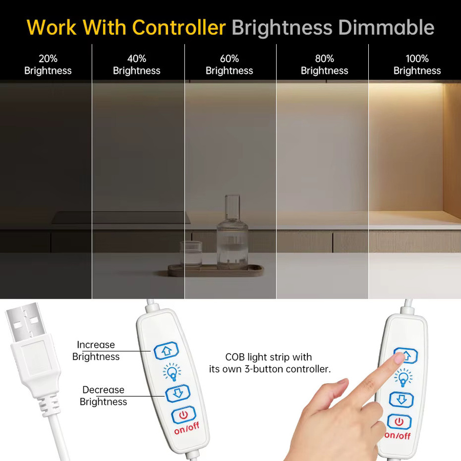 Asign COB LED-Lichtband USB 5V mit 320 LEDs/m, dimmbar mit 3-Tasten-Schalter, weiß, 8mm Breite, ideal für Spiegel, TV und Schrankbeleuchtung - Bild 4
