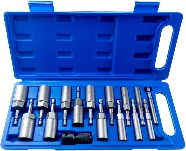 Steckschlüsselkopf Set mit 80 mm Sechskant-Verlängerung für Elektroschlüssel und Bohrmaschinen in Blau und Silber - Bild 1
