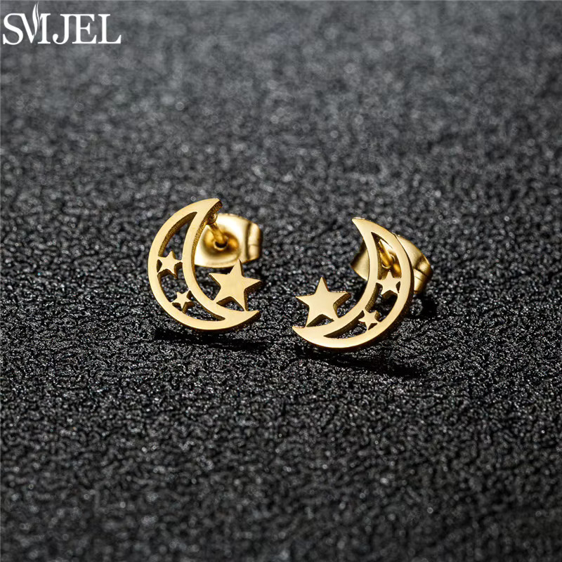 SMJEL Ohrstecker Edelstahl, Mond und Stern, Damen, Mädchen - Bild 3