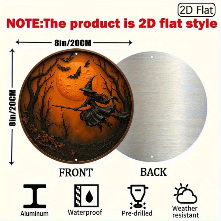 HELLOYOUNG Halloween Metalldekor aus Aluminium mit Hexe auf Besenstiel, Vollmond und Fledermäusen, rundes Wandschild, Durchmesser: 20,3 cm - Bild 3