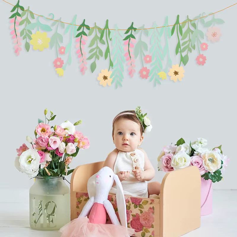 ZQNYCY Papier Girlande mit Blumen und Blättern in Mehrfarbig für Kindergeburtstage und Frühlingspartys - Bild 2