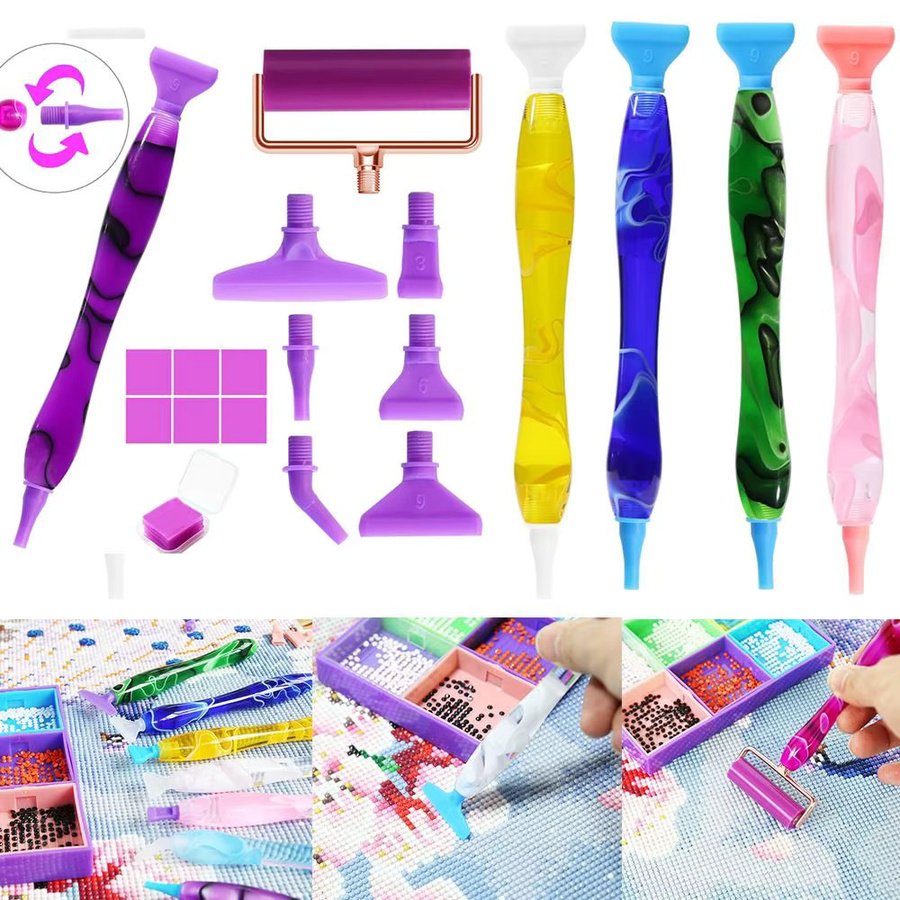 Set aus 5D-Harz-Diamant-Malstiften mit Ersatzstiftköpfen, Kleber und Tonroller für dein DIY-Kunsthandwerk in Pink und Multicolour - Bild 1