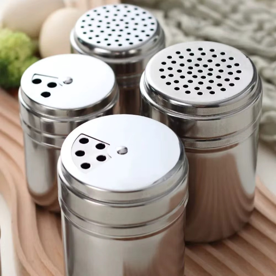 Mehrzweck-Gewürzglas aus Edelstahl in Silber mit drehbarer Abdeckung für Salz, Zucker und Pfeffer - Bild 2