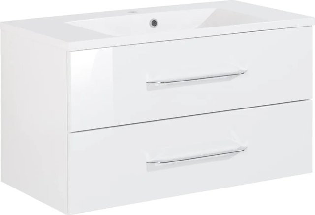 Fackelmann Badmöbel-Set B.clever Einzelwaschtisch in Weiß Hochglanz mit Mineralguss-Waschbecken, B/H/T: 90 x 50,8 x 46 cm - Bild 1