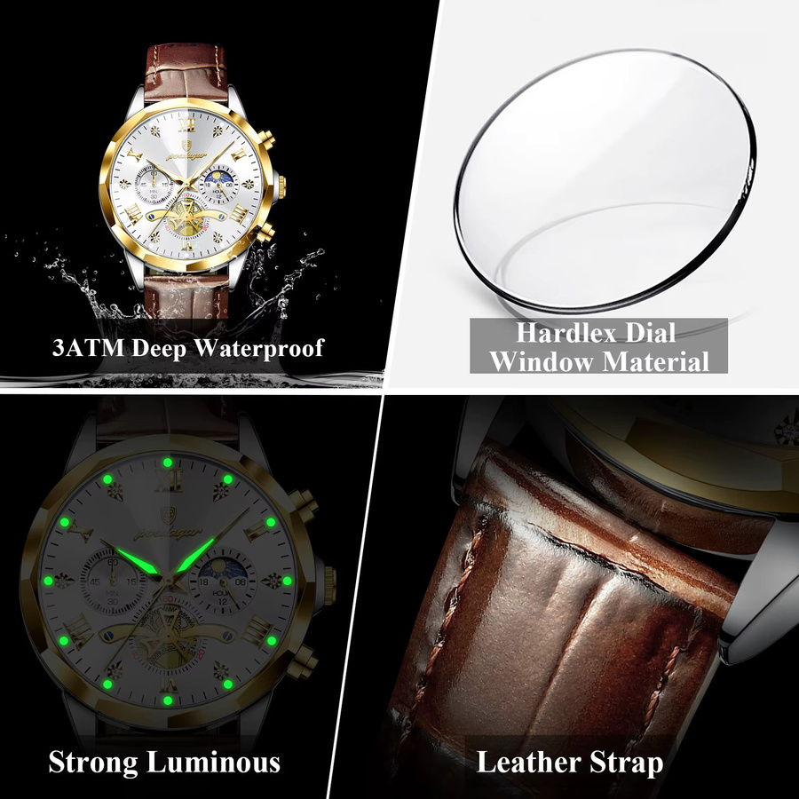 POEDAGAR Chronograph, Quarzuhr, Lederarmband, Silber, Herren - Bild 4