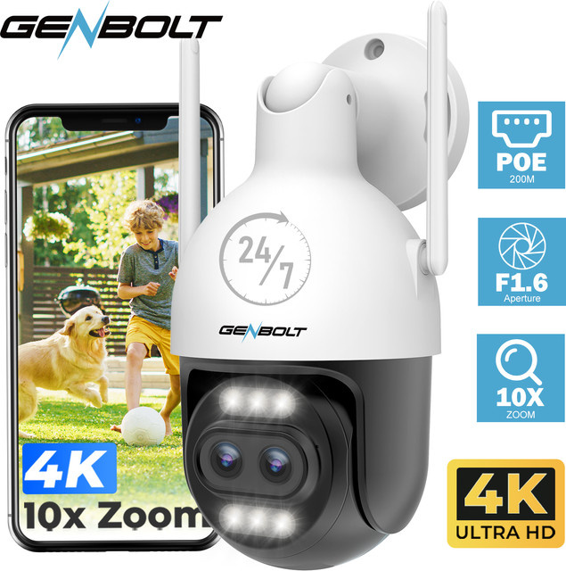GENBOLT 4K 8MP Dual-Objektiv Außen-Sicherheitskamera mit 10-fach Zoom, PoE und WLAN 2,4/5GHz, automatische Menschen- und Fahrzeugverfolgung, Farbe: Weiß - Bild 1