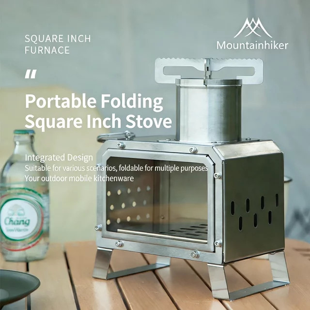 MOUNTAINHIKER Tragbarer quadratischer Holzofen aus Edelstahl in Silber für Camping, Wandern und Picknick - Bild 1