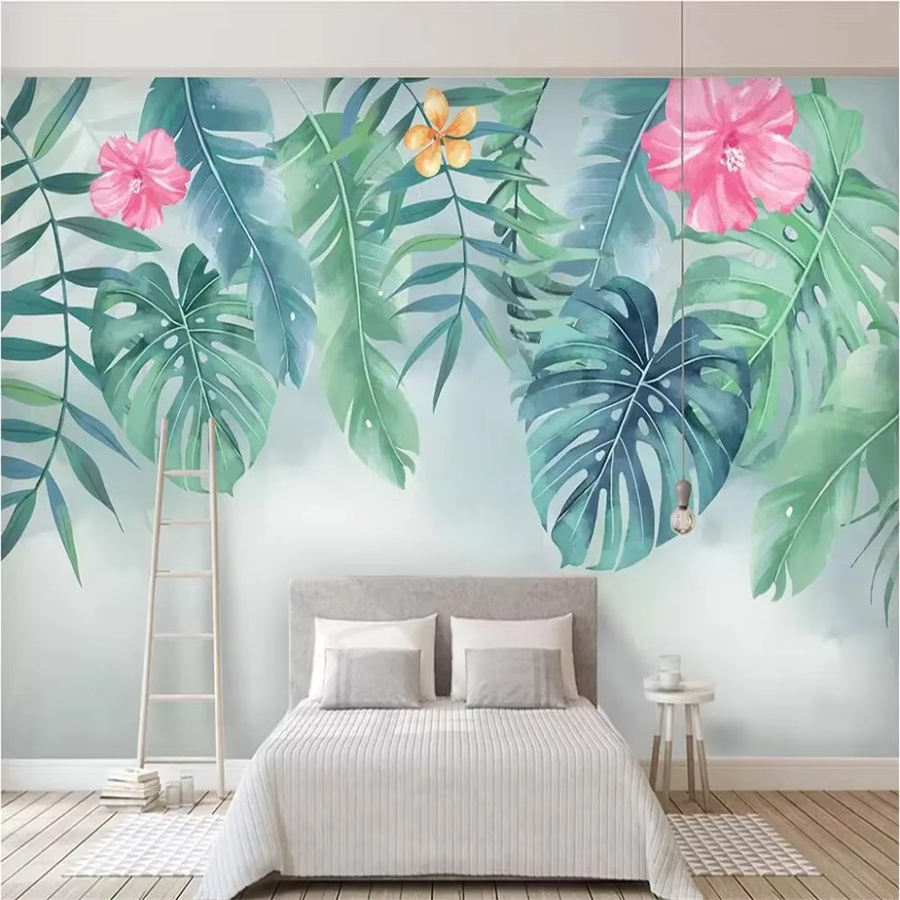 Beibehang Wandbild mit grünem Blättermuster im Nordic Minimalist Stil als 3D Tapete für Schlafzimmer und Wohnzimmer - Bild 1