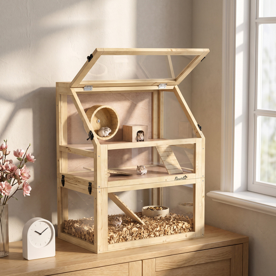 PawHut Hamsterkäfig aus Holz in Naturholz, 3-stöckiger Kleintierkäfig mit Häuschen, Schaukel, Laufrad und Rampen, B/T/H: 60 x 40 x 75 cm, Marke Aosom - Bild 2