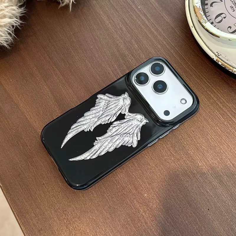 Potdemiel Handyhülle mit 3D Engelsflügeln im Cartoon-Design für iPhone 15 16 17 Pro Max, Schwarz, Rosa und Weiß - Bild 3