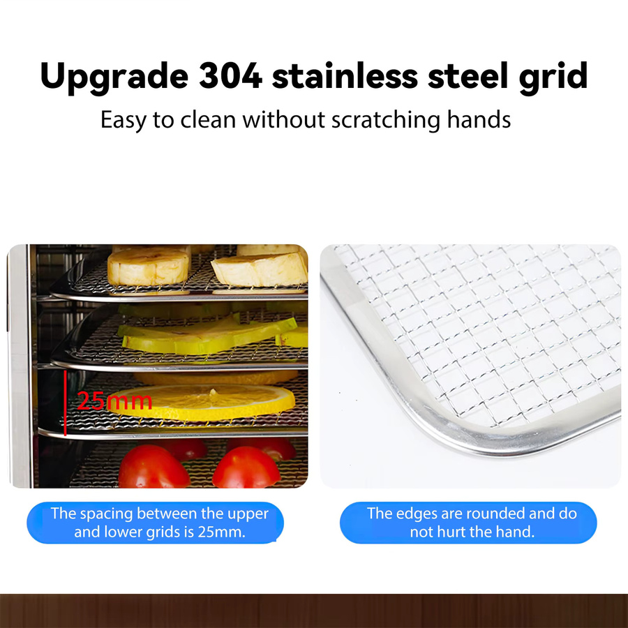 OWJHE Dörrgerät aus Edelstahl mit 12 Ebenen und 800W Leistung, Silber, Dehydrator für Obst und Gemüse mit 24-Stunden-Timer und Licht - Bild 5