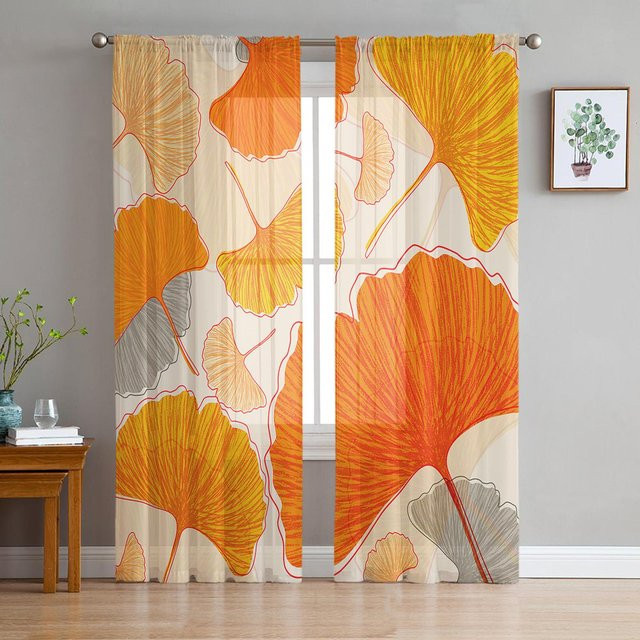 A Family Of Home Textiles Transparenter Tüll-Fenster-Vorhang mit floralem Ginkgo Biloba Muster, B/H: 135 x 213 cm, Mehrfarbig - Bild 1