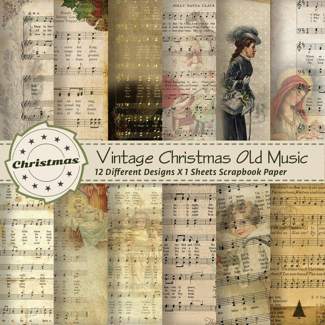 12 Blatt Vintage Weihnachts Notenblatt Scrapbook Papier für DIY Bastelarbeiten, B/B: 15,2 x 15,2 cm - Bild 1