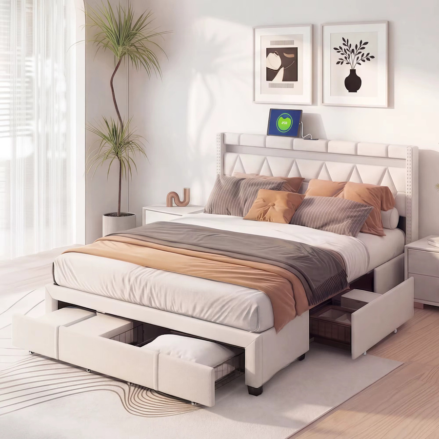 Modernes Polsterbett in Beige mit 4 Schubladen und Unterbettbeleuchtung, Doppelbett mit Kopfteil und Lattenrost, B/T/H: 160 x 200 cm - Bild 3