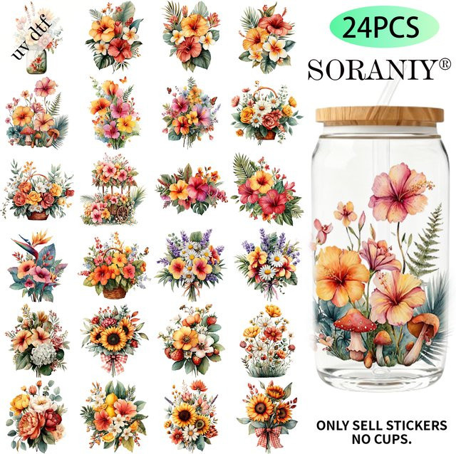 24-teiliges UV-DTF-Transferpapier-Set mit Sommerblumen-Motiven in Multicolour für 16oz Wasserflaschen - Bild 1