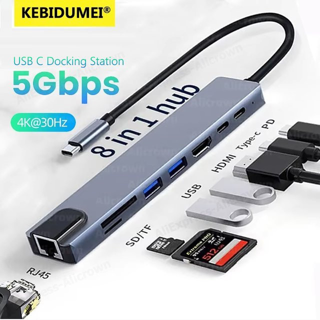 kebidumei 8-in-1 USB-C Dockingstation mit 4K UHD HDMI, RJ45 Ethernet, SD/TF Kartenleser und USB 3.0 für MacBook und Laptop - Bild 1