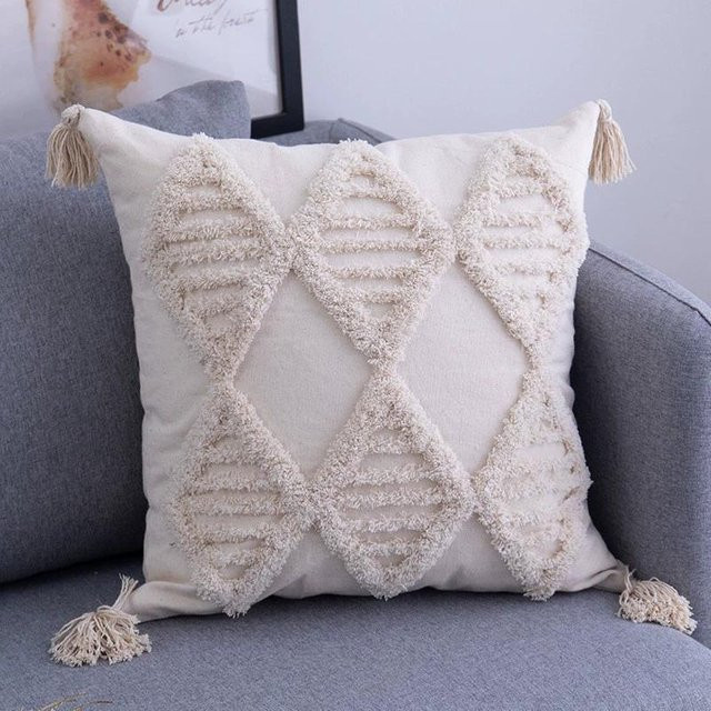 Boedia Kissenbezüge im Bohemian Stil mit Quasten und Tufting, Beige, B/B: 45 x 45 cm - Bild 1