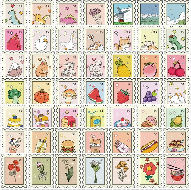 50 Stück Ästhetische Briefmarken Aufkleber aus wasserfestem PVC in Multicolour zur Dekoration für Scrapbooking und Schreibwaren - Bild 1