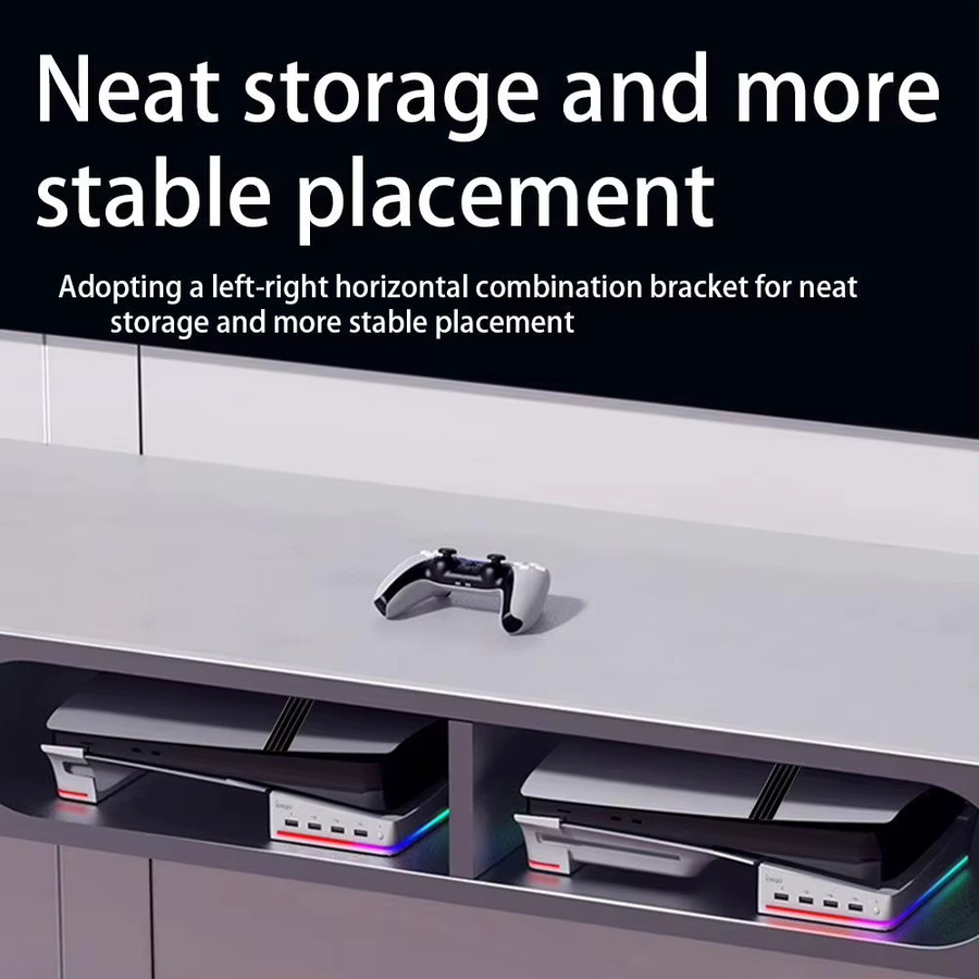 GEVBAY Horizontaler Aufbewahrungsständer für PS5 Pro mit digitalem und optischem Laufwerk, 14 Lichtmodi und 4 USB-Hubs, Weiß - Bild 2